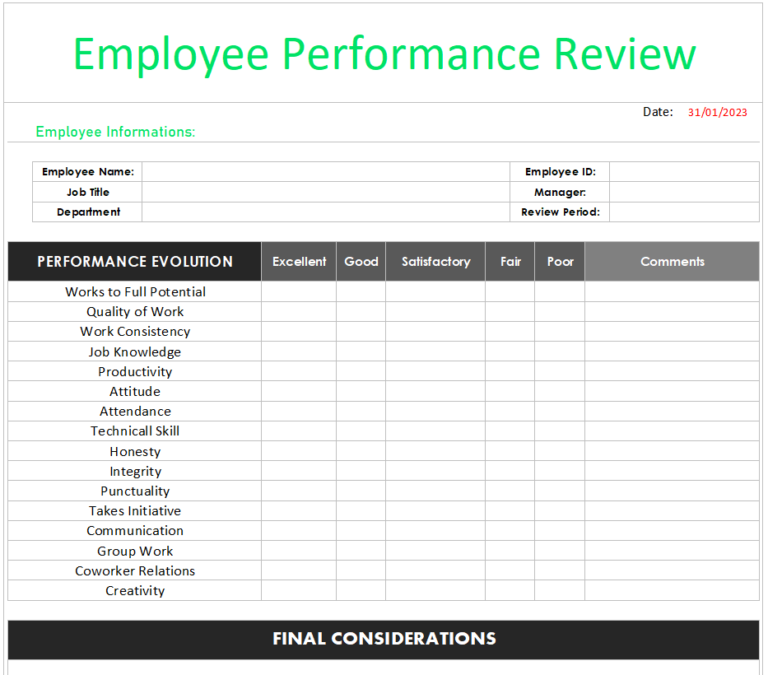 Employee Performance Review Template - Exsheets