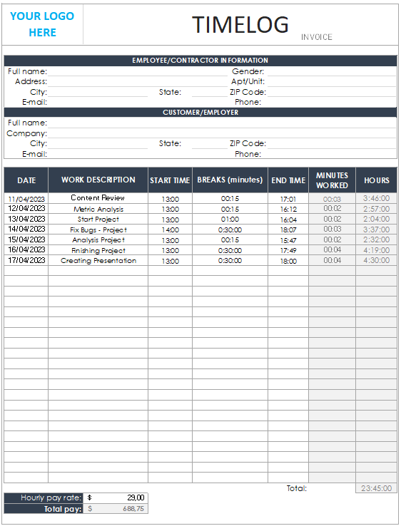 Timelog template in Excel - Exsheets