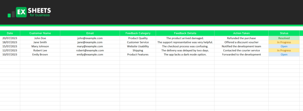 Customer feedback tracker spreadsheet - Exsheets